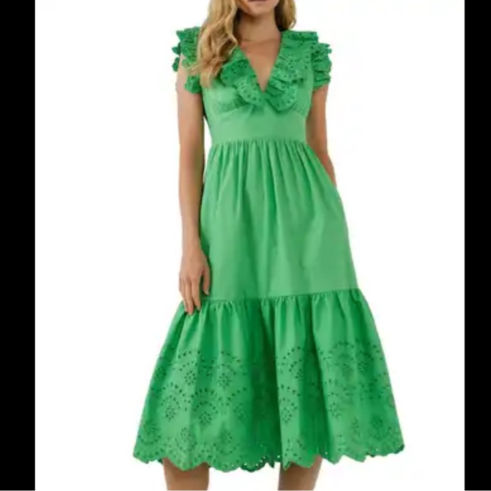 English Factory Green Eyelet Scalloped Mini Dress